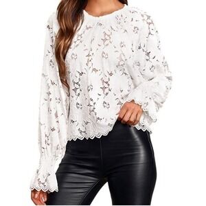 Free People Women Ivory Cream Floral Olivia Lace Blouse L Boho Cottagecore Sping